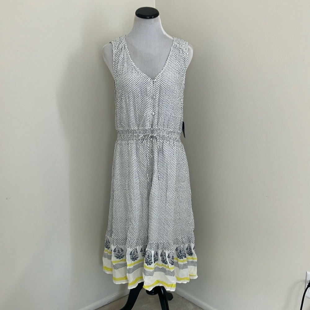 Lucky Brand Boho Style Blue and White Polka Dot Dress with Yellow Accents